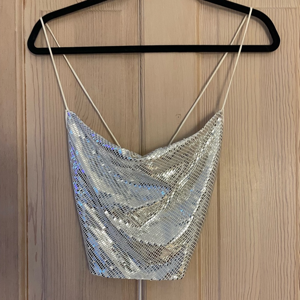 silver sequin strappy crop top from zara